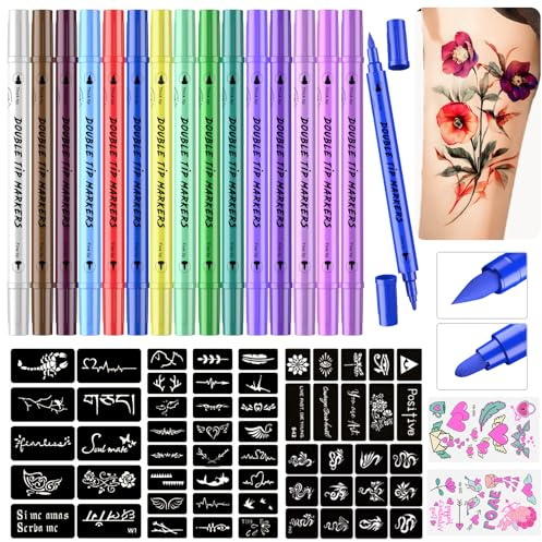 PFARRER Temporäre Tattoo Markers for Skin, Tattoo stifte für die haut 15 Body Markers + 64 Large Tattoo Stencils & 2 sheets Glow Stickers for Kids and Adults, Dual-End Tattoo Pens ZYH2310001KIT