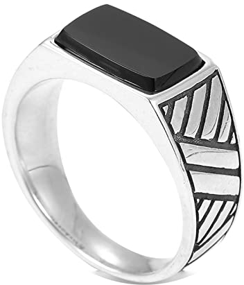 ANAZOZ Herren Ringe 925 Silber Echt, Ringe Männer Punk Schmuck Schwarzer Achat-Steinring Breit 9 mm größe 57