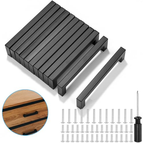 LEAZZLE 12 Stück Möbelgriffe,Schwarz 128mm, lochabstand Küchengriffe | Küche Quadrat Griffe,Schrankgriffe mit Schrauben und Installationswerkzeugen, für Küchen, Schubladen,Schrank,Möbel