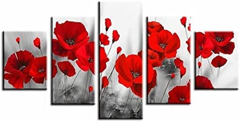 5 Stück Leinwand Wandbild Wandkunst Romantische Rote Mohnblumen Ohne Rahmen 150 X 100 Cm Wanddekoration Modernes Kunstwerk Gemälde Für Home Office Wohnzimmer Schlafzimmer Für Esszimmer Kinderzimmer G