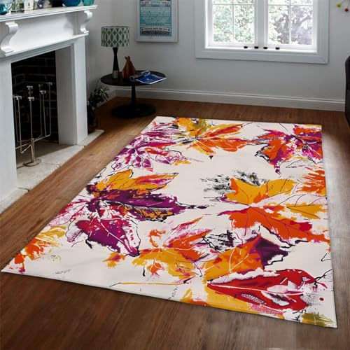Orange und Lila Bereich Teppiche Aquarellmalerei rutschfeste Teppiche für Wohnzimmer Haus Herbst Ahornblatt Teppich Dekor für Schlafzimmer Eingangsbereich 180x240cm
