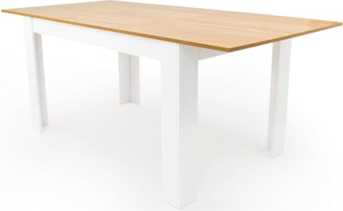 edihome, Mesa Comedor Extensible, 140-190 cm (Largo) x 90 cm (Ancho) x 78 cm (Alto) Modelo Denver, para salón, Cocina, Acabado Blanco y Cambria (Blanco/Madera Extensible)