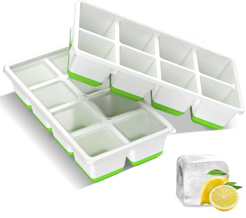 Fadroky Large Ice Cube Moulds, 2 Pieces Square Ice Cube Tray with Lid Easy Release, 16 Silicone Ice Cubes Flexiable, BPA-Free Easy Stack Reusable Ice Cube Molds for Whiskey, Cocktails, Drinks (Green)