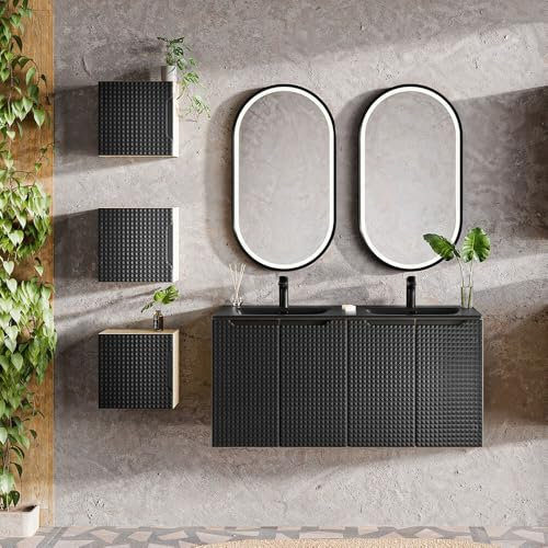 Lomadox Badmöbel Set 6-teilig mit 120 cm Waschtisch in Eiche mit schwarz, grifflose 3D-Front, LED-Spiegel