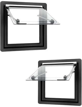 Set di 2 finestre per camper 500 x 450 mm, per roulotte, finestre a 70°, con zanzariera e tenda, per roulotte, furgoni e camper