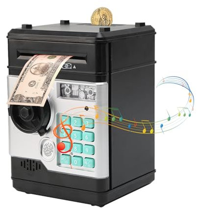 Kinder Tresor Elektronische Piggy Bank,Mini ATM Spardose mit Code und Fingerabdruck Unlocking Simulation,Automatischem Geldeinzug und realistischen Soundeffekten,Schwarz und Silber