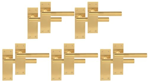 HANDLEZONE® 5 Pairs of Levada Grip Satin Brass Designer Lever Latch Door Handle Set on Long Flat Backplate, for Internal Doors