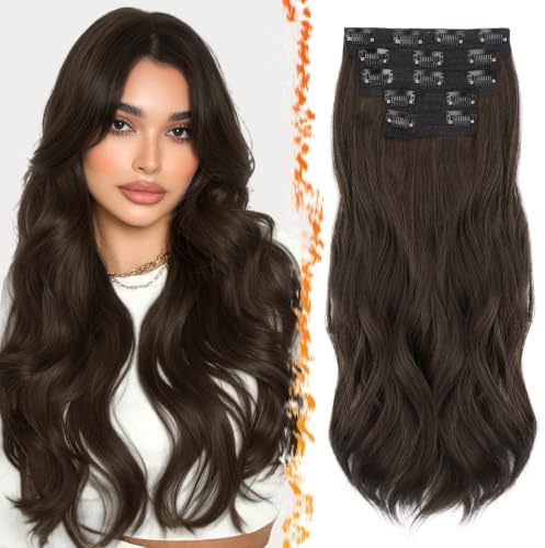 BARSDAR Clip in Haarverlängerungen, 50cm Wellige Clip in Hair Extensions für Frauen 5PCs Voller Kopf Natürliches Look Synthetisches Haarteil Haarextension - Dunkelbraun