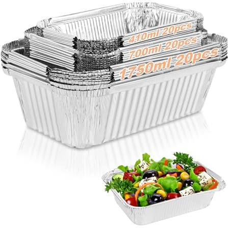 ZOFUN 60 stycken aluminiumskålar grill, grillskålar aluminium aluminiumskålar, 1 750 ml/700 ml/410 ml engångsskålar av aluminium, engångsbakform, livsmedelsbehållare för matlagning, rostning, bakning