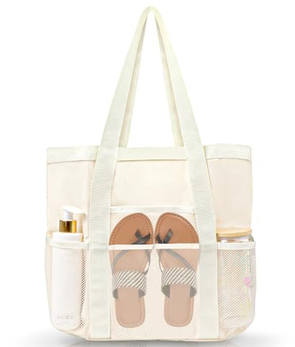 wokdsbl Beige Strandtasche XXL Damen Badetasche mit Reißverschluss, Große Faltbare Shopper Tasche für Familie, Perfekt für Urlaub, Strand und Schwimmbad, Viel Stauraum für Yoga-Accessoires
