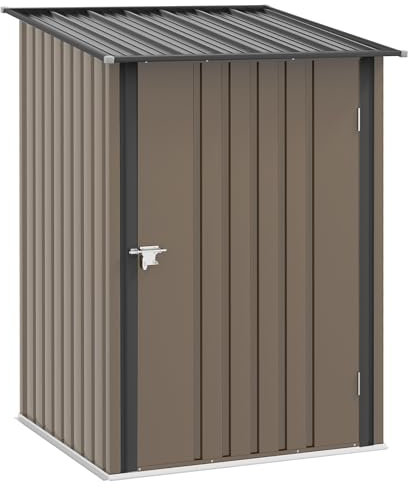 Outsunny Casetta da Giardino 0.92m² in Acciaio Zincato con Porta Battente, Capanno Porta Attrezzi con Tetto Spiovente, Porta Bloccabili, 100x103x160cm, Marrone e Grigio