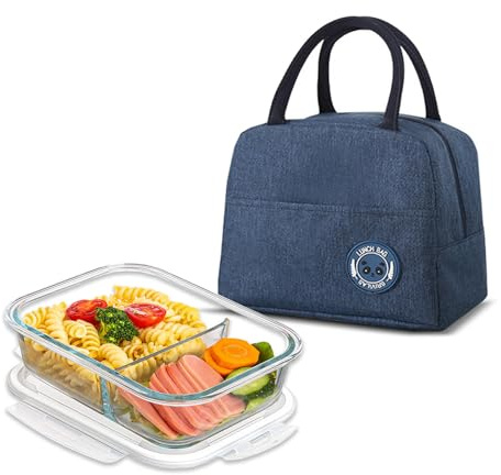 SNZ Fiambrera Cristal con Bolsa, 1040ml Taper Vidrio 2 Compartimentos Libre de BPA, Táper de Cristal Hermético para Comida, Microondas, Congelador