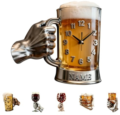 Personalisierte 2D-Wanduhr mit flachem Bierkrug, Weinbecher, Whiskey, für Schlafzimmer, Wohnzimmer, Bar, Männerhöhle, individueller Name, Acryl, Bierthema, kreative Uhr für Männer, Frauen, Vater