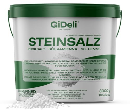 GiDeli Sel gemme grossier, 3 kg, naturel, non raffiné, sans additifs, pour salle de bain, nourriture, refroidissement, routes