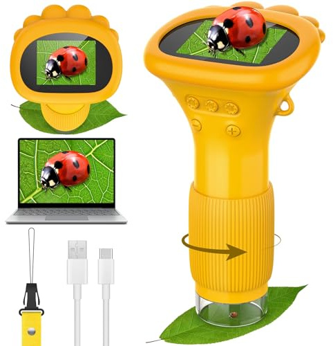 GlobalCrown Microscopio bambini tascabile,Microscopio digitale portatile 200x con schermo da 2,0 pollici,giocattolo per l'apprendimento scientifico per 3,4,5,6,7,8,9,10 anni ragazzi,ragazze