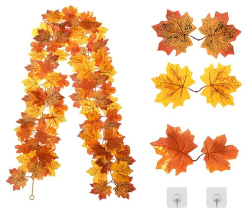AYVRUOP Ghirlanda di Foglie d'Acero Artificiali Autunnali,Decorazioni Autunnali,Decorazioni Autunnali per la Casa,Adatta Per Centrotavola Autunnale,Decorazione Camino,la Casa di Foglie(175 Cm)
