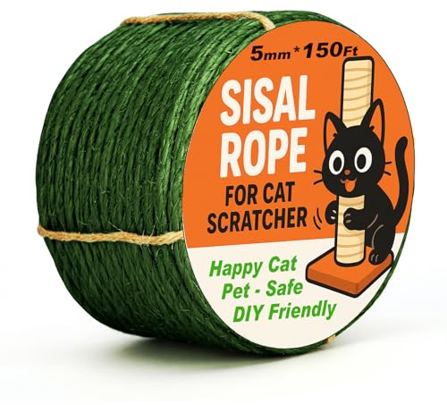 Green Natural Sisal Rope for Cat Scratcher Tree Thick 5-mm 1/5 Inch by 150 Feet, Cat Tower Climbing Twine for Cat Scratching Post Replacement, Scratch Post Repairing, Replace, Recovering and DIY