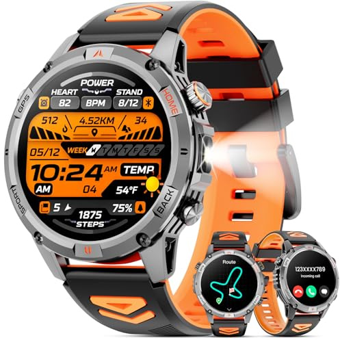 Military Smartwatch(Answer/Make Call), GPS Smart Watch for Men with LED Flashlight Compass, 1.46 HD Fitness Tracker Watch with 100+ Sport Modes, Rugged Smart Watches Compatible for iPhone Android