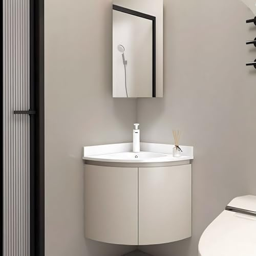 Moderno set di mobili da bagno ad angolo singolo lavabo da parete design curvo dimensioni compatte con specchio LED e armadietto portaoggetti elegante soluzione salvaspazio