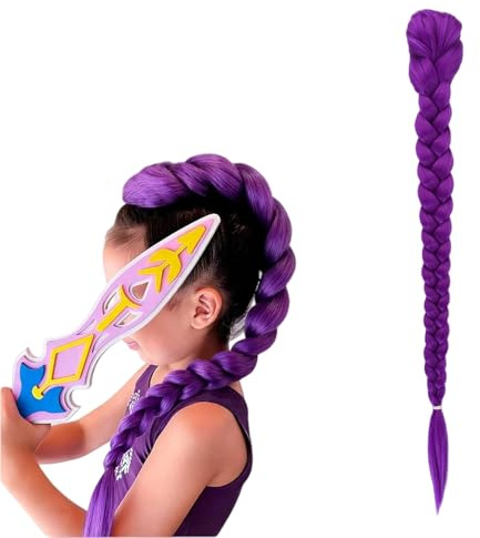 YEJAHY Ru-mi Peluca de pelo morado para trenzar trenzas, peluca para niños, Halloween, cosplay, color lila, 66 cm, fibra suave de alta temperatura, cola de caballo con clip de seguridad