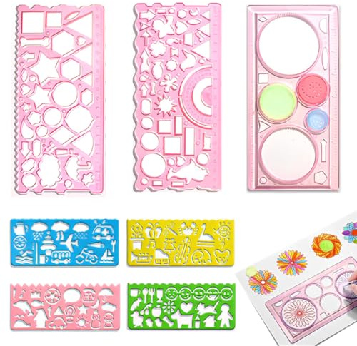 GHPKOTW 7 Stück Lineal Set,Kreisschablone,Kinder Zeichenschablone,Kunststoff Kreise Geometrische Vorlage Herrscher Schablone Messung Werkzeug, Lineale Geometrisches Zeichnung (Rosa)