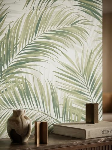 Newroom papier peint intissé vert feuilles de palmier salon scandinave | Olive-sauge mat sur crème, sans raccord, motif floral, décoration murale, ambiance boho nature