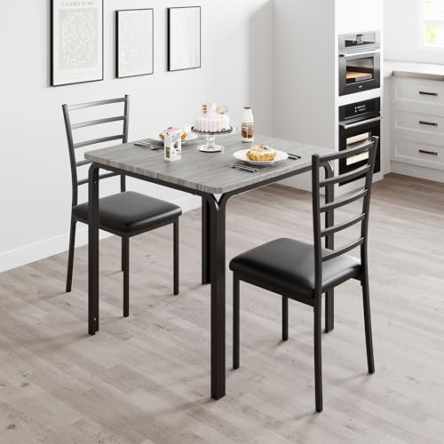 AffinityFurn 3-teiliges Esszimmer-Set, Küchentisch mit 2 gepolsterten Stühlen, 3 Esstische für kleine Räume, Wohnung, Grau