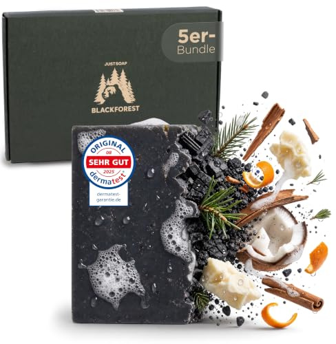 JUST SOAP Black Forest Duschseife 5er Set (5x150g) mit Aktivkohle – Pflanzenölseife für Herren & Damen, Vegan, Plastikfrei, Handmade in Germany
