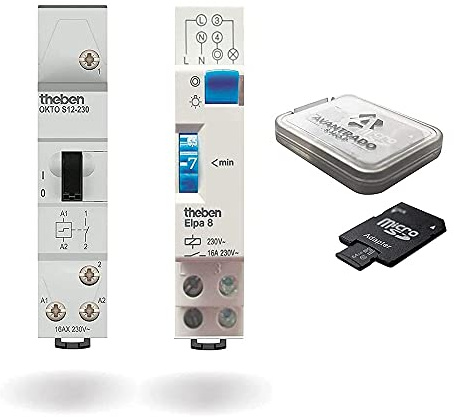 Theben OKTO S12-230 Stromstoßschalter + ELPA 8 Elektromechanischer Treppenlichtzeitschalter + 64GB Avantrado Micro SD Karte (Class 10, U3) mit Adapter
