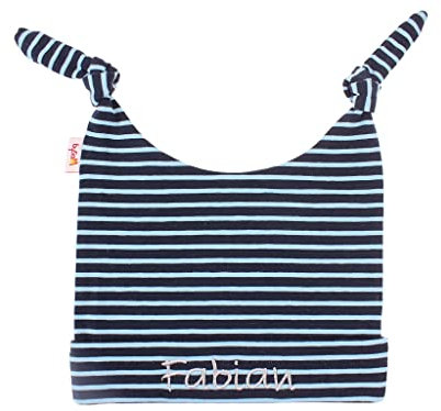 Babymütze/Zipfelmütze DELUXE mit Namen personalisiert * Ringel marine-hellblau