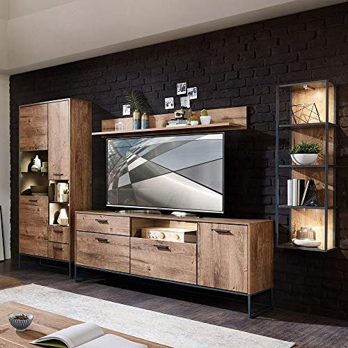 Lomadox Industrial Wohnwand - Set in Haveleiche Cognac mit Matera anthrazit inkl. LED-Beleuchtung