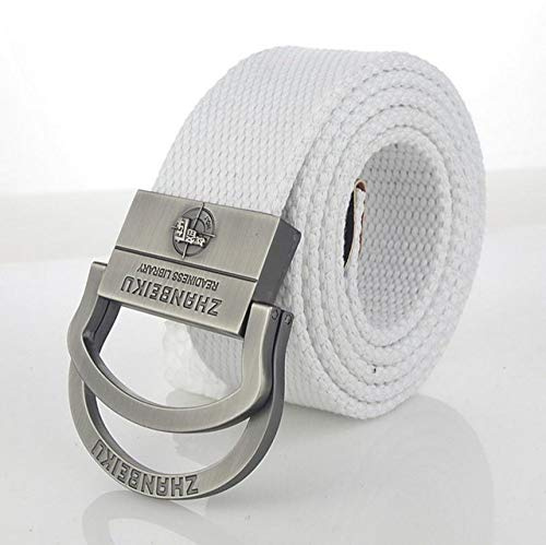 Leinwandgürtel,Mode Herren Canvas Taktischer Militärgürtel Mode Doppelring Metallschnalle Jeans Gürtel Für Unisex Herren Gürtel Outdoor Street Style Wilder Bund, Weiß, 110 cm