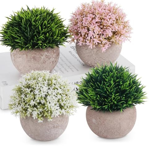 ilauke Artificial Plants Indoor in Pot, 4PCS Small Fake Plants Indoor Small, Plastic Faux Plant Round Potted for Office Desk Bedroom Kitchen Bathroom Home Decoration