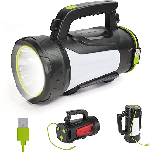 Fishtec - Lampe Torche LED 1000 Lumens - Portée 1 Km 3 Modes Blanc Rouge COB Rechargeable USB Câble Intégré Batterie Externe Poignée Ergonomique Bandoulière ABS Compacte Camping Travaux