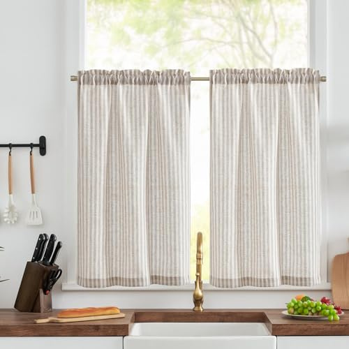 Vangao Scheibengardinen Küche Streifen Bistrogardine 2er Set 65Bx90Hcm Grau | Leinenoptik Gestreifte Kurzstores mit Stangendurchzug Lichtdurchlässig Vorhang kurz, Wohnzimmer Fenster Wohnwagen, 90 cm lang