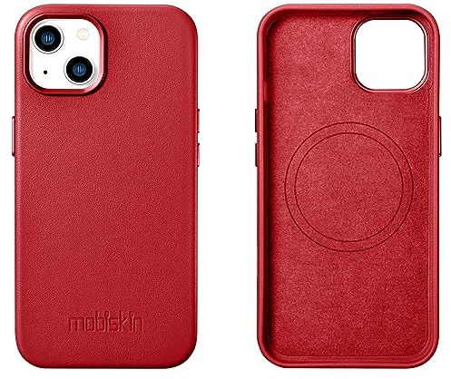 Mobiskin Hülle für iPhone 14 (6,1 Zoll), Cover mit Leder, Rot | Handyhülle kompatibel mit MagSafe, slim Case, Schutzhülle, Handytasche, Etui, dünn, mit Buttons, vorstehender Kameraschutz