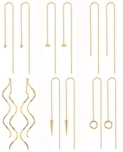 Kakonia 6 Paar Edelstahl-Ketten-Quasten-Ohrringe für Frauen, leichte Welle, Einfädler, Kugel, Tropfen, minimalistisches Ketten-Ohrring-Set Gold