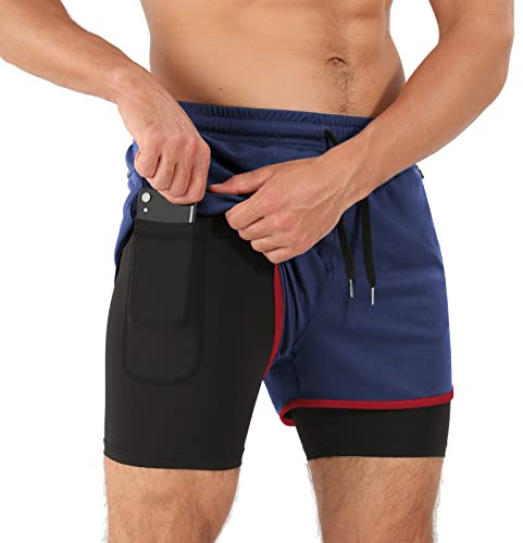 Superora löparshorts för män, kompressionsshorts, gym, fitness, träning, 2-i-1 shorts med telefonficka och blixtlåsfickor, marinblå, M
