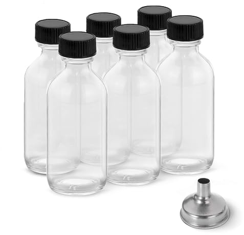 DIDITIME Paquete de 6 botellas de chupito de 2 onzas con tapas y embudos de acero inoxidable, botella de jugo de vidrio reutilizable, mini botellas de viaje, tarros pequeños de 60 ml con tapas para