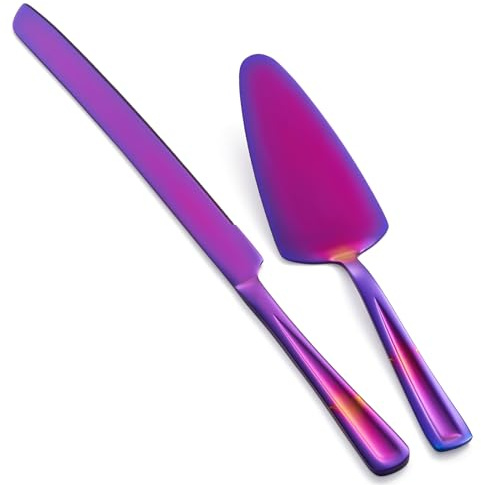 GoGeiLi Lila tårtkniv och servitör, 33 cm rostfritt stål, elegant tårtskärare för bröllop, födelsedag, fest