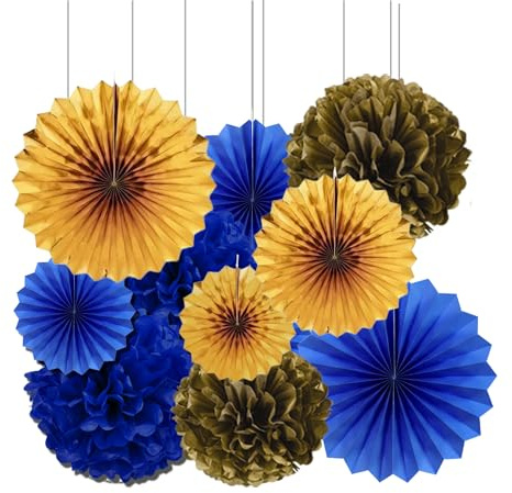 Vsosfiza Dekoration Blau und Gold - Hängender Pompons und Papierfächer für Hochzeit, Geburtstag, Party (10 Stück)