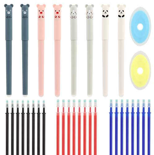 VFANDV Radierbarer Kugelschreiber, 8 Stück 0.35mm Gel Stift mit 24 Minen und 2 Radiergummis Kawaii Cartoon Löschbarer Stift Kugelschreiber Radierbarer Set für Studenten, Schule Bürobedarf