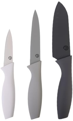 MasterChef Coltelli da Cucina, Set Coltello Chef per Carne & Verdure, Lama Affilato, Acciaio Inox, Prova di Calore, Manici Grigio, Lavabile in Lavastoviglie, Professionali, 3 Pezzi Piccolo