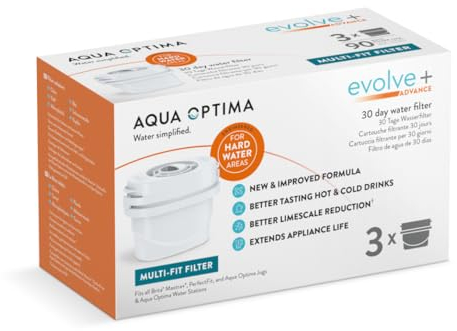 Aqua Optima Evolve+ Hard Water Limescale Filter Cartridges 3 Pack - Fits Brita Jugs & Alternative for Maxtra Filters* - Reduces Limescale, Chlorine & Other Impurities - by LAICA (Packaging May Vary)