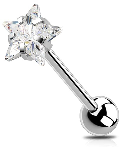 Melighting G23 Piercing de lengua de titanio con circonita cúbica transparente, barra de lengua con rosca externa, 14 G, anillo de lengua con estrella, 1.6mm, Titanio