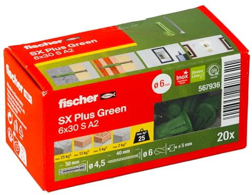 fischer Spreizdübel SX Plus Green 6 x 30 S mit Edelstahlschraube A2, nachhaltige Dübel aus 50 % nachwachsenden Rohstoffen, 4-fach Spreizung, der Spezialist im Vollbaustoff, 20 Dübel und 20 Schrauben