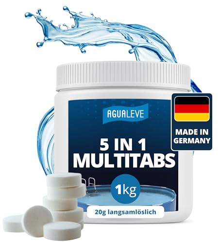 AGUALEVE® 5 in 1 Chlor Multitabs 20g langsamlöslich 1kg *NEU* | für Pools jeder Art ab 2500 Liter Wasser | Desinfektion, Algenschutz, Flockung, pH-Stabilisierung & Klareffekt | Made in Germany