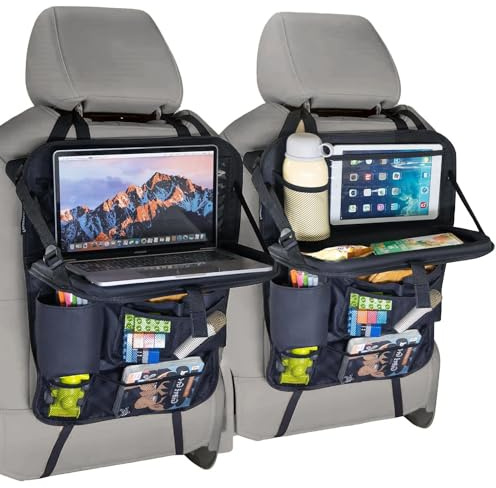Tsumbay Auto Rücksitz Organizer mit faltbarer Tischablage – 600D Oxford Rückenlehnenschutz Auto Kinder mit Tablet-Halter, 9 Taschen, Trittmatten, Schwarz, 2 Stück
