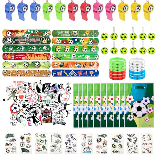 FINEASY 118 Pezzi Gadget Calcio Compleanno Bambini, Regalo per Feste di Calcio per Bambini, Sacchetti da Festa di Calcio,Adesivi, Fischietti,Braccialetti,Bambini Ragazzi Ragazze Regalo Festa di Calcio
