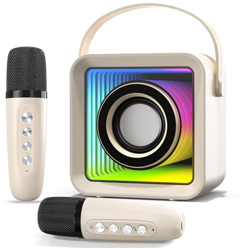 HUABAO Mini Karaoke Machine with 2 Wireless Microphones, Portable Bluetooth Singing Speaker with Lights for Kids & Adults, Child Karaoke Toys, Gift for Girls & Boys for Birthday, Home Party (Beige)